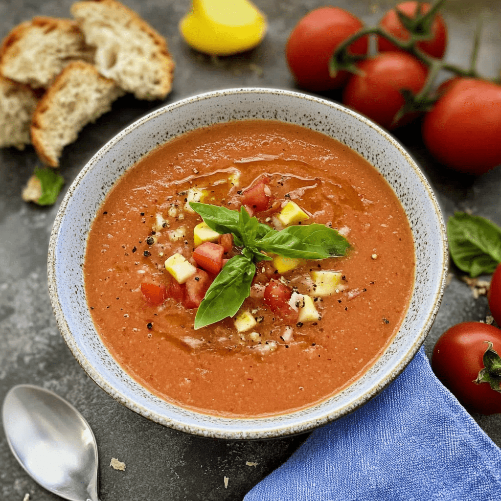 Gazpacho mit passierten Tomaten – Schnell gemacht, wunderbar geschmackvoll 3 Gazpacho mit passierten Tomaten in heller Schale und Basilikumblatt