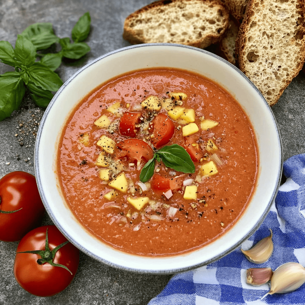 Gazpacho mit passierten Tomaten serviert mit Basilikum und Brot