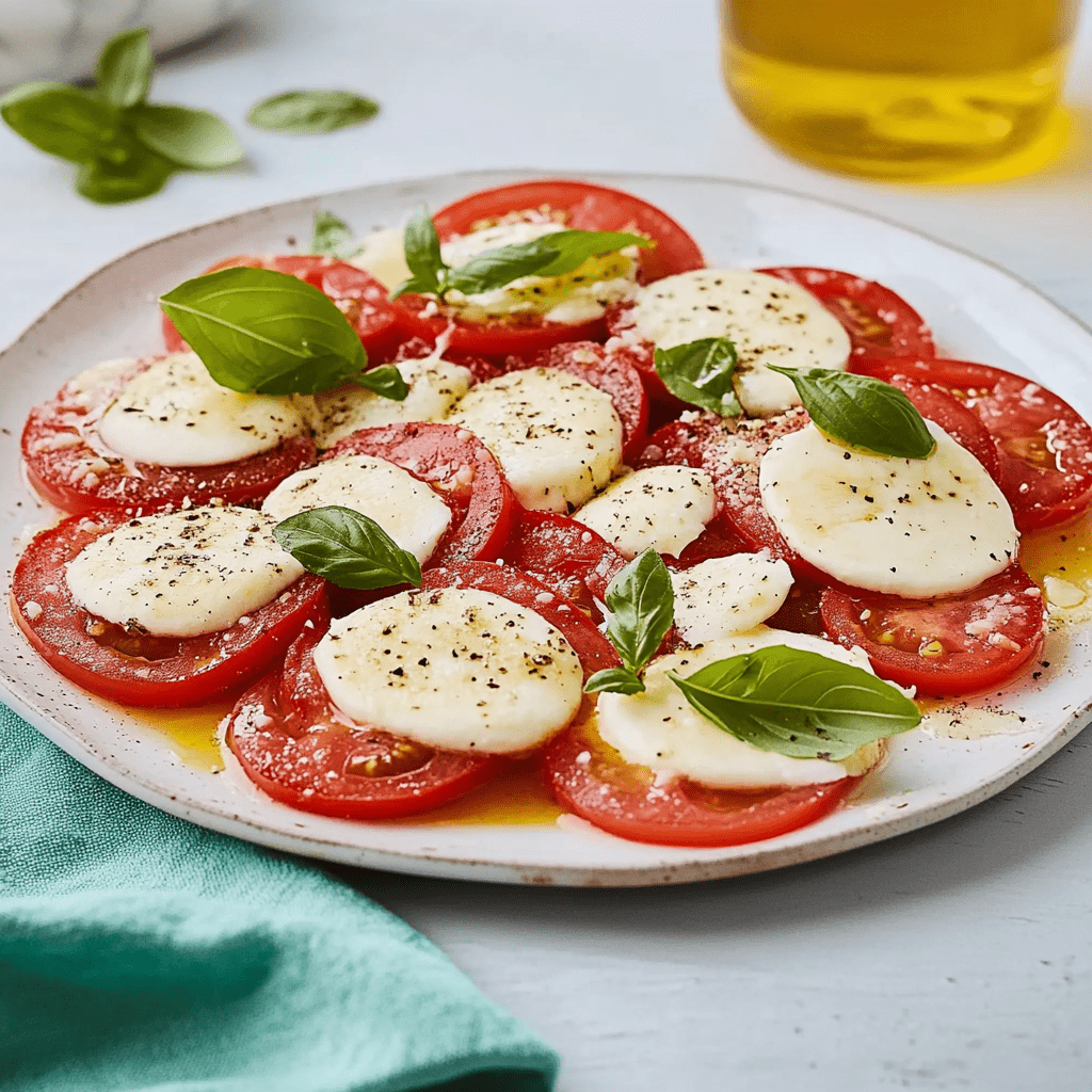 Frischer Mozzarella mit Tomaten Rezepte und Basilikum auf einem Teller