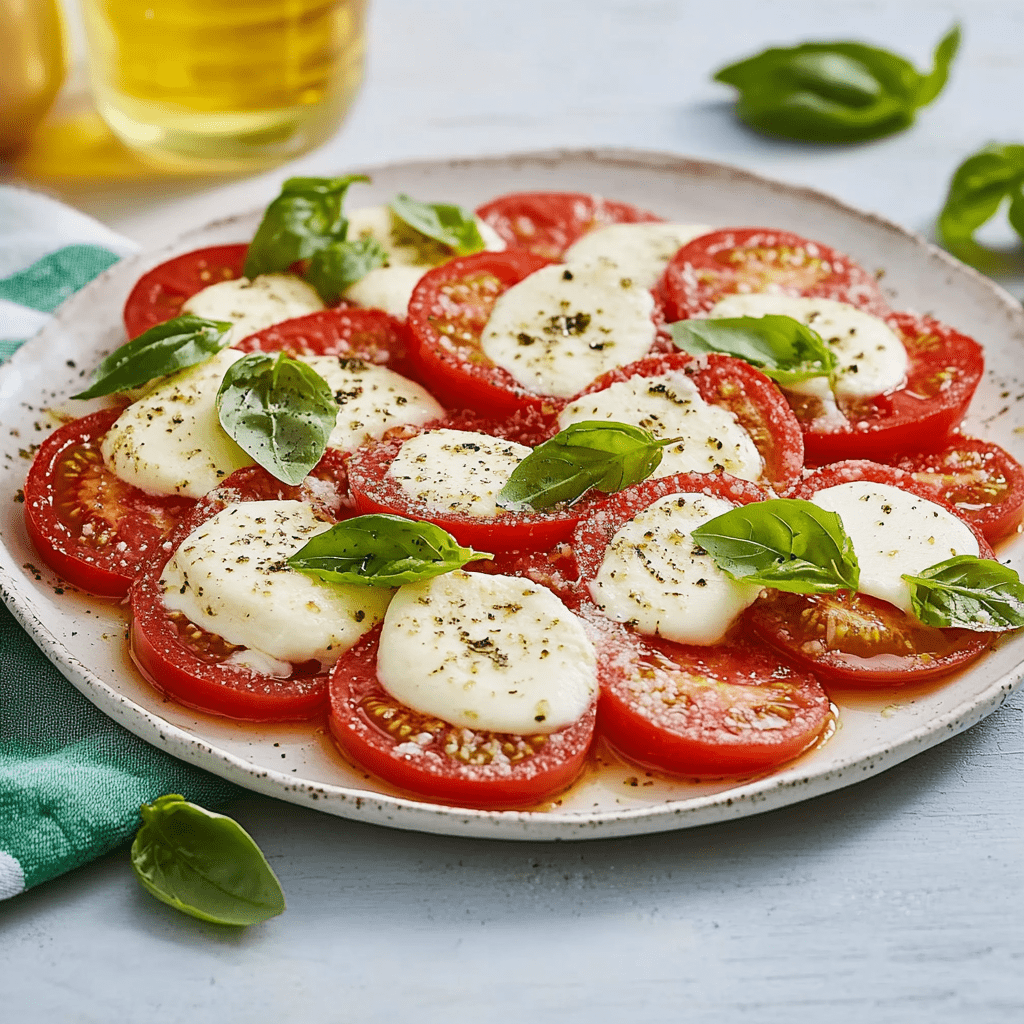 Mozzarella mit Tomaten Rezepte – Frisch, einfach & unwiderstehlich gut 3 Mozzarella mit Tomaten Rezepte aus seitlicher Perspektive, mit Basilikumblättern und Olivenöl