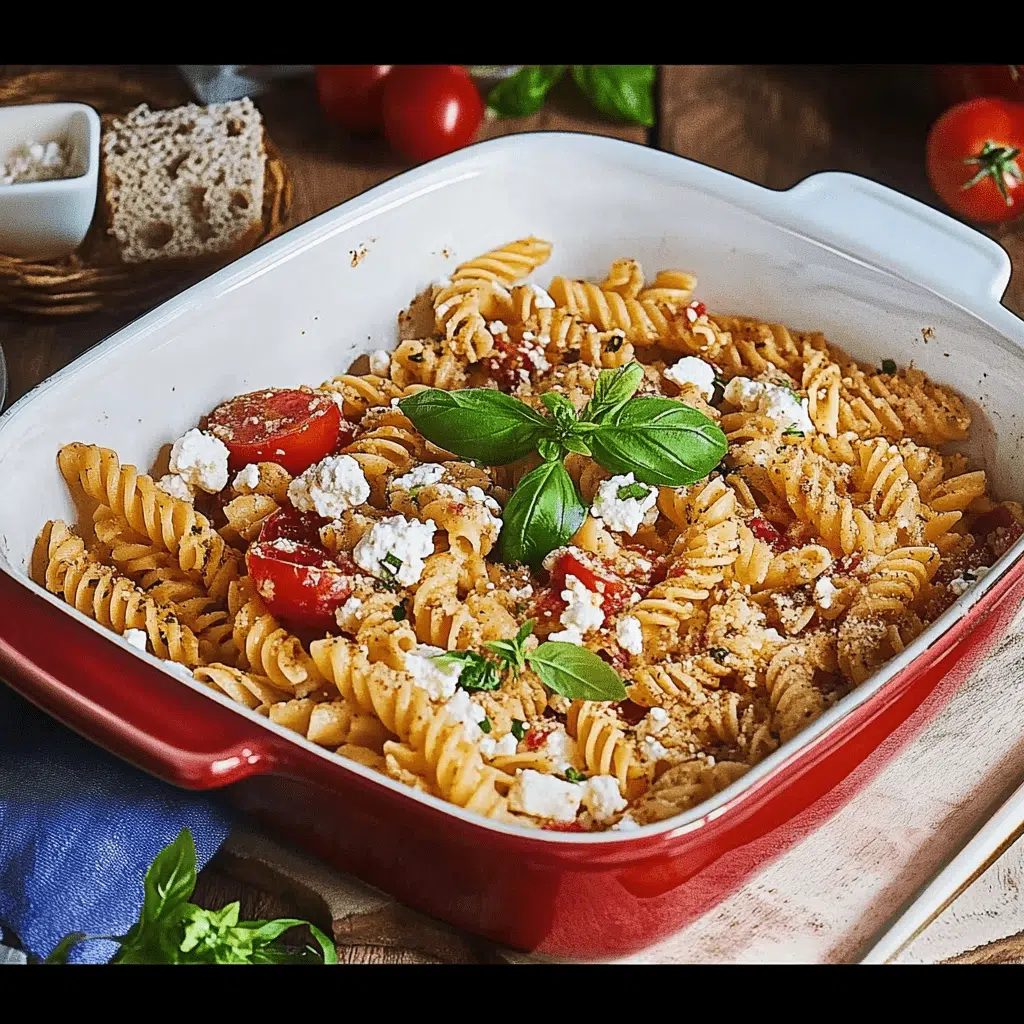 nudeln mit feta und tomate in roter auflaufform mit frischem basilikum