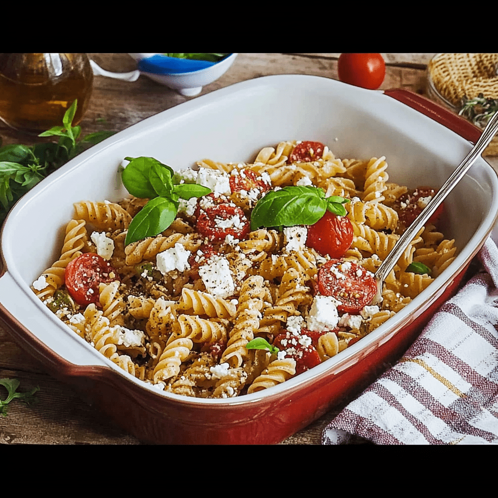 nudeln mit feta und tomate: einfach, kreativ & unwiderstehlich 3 nudeln mit feta und tomate serviert mit basilikumzweigen und kirschtomaten