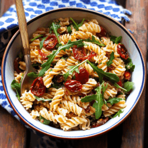Nudelsalat mit Rucola und getrocknete Tomaten in einer Schüssel von oben