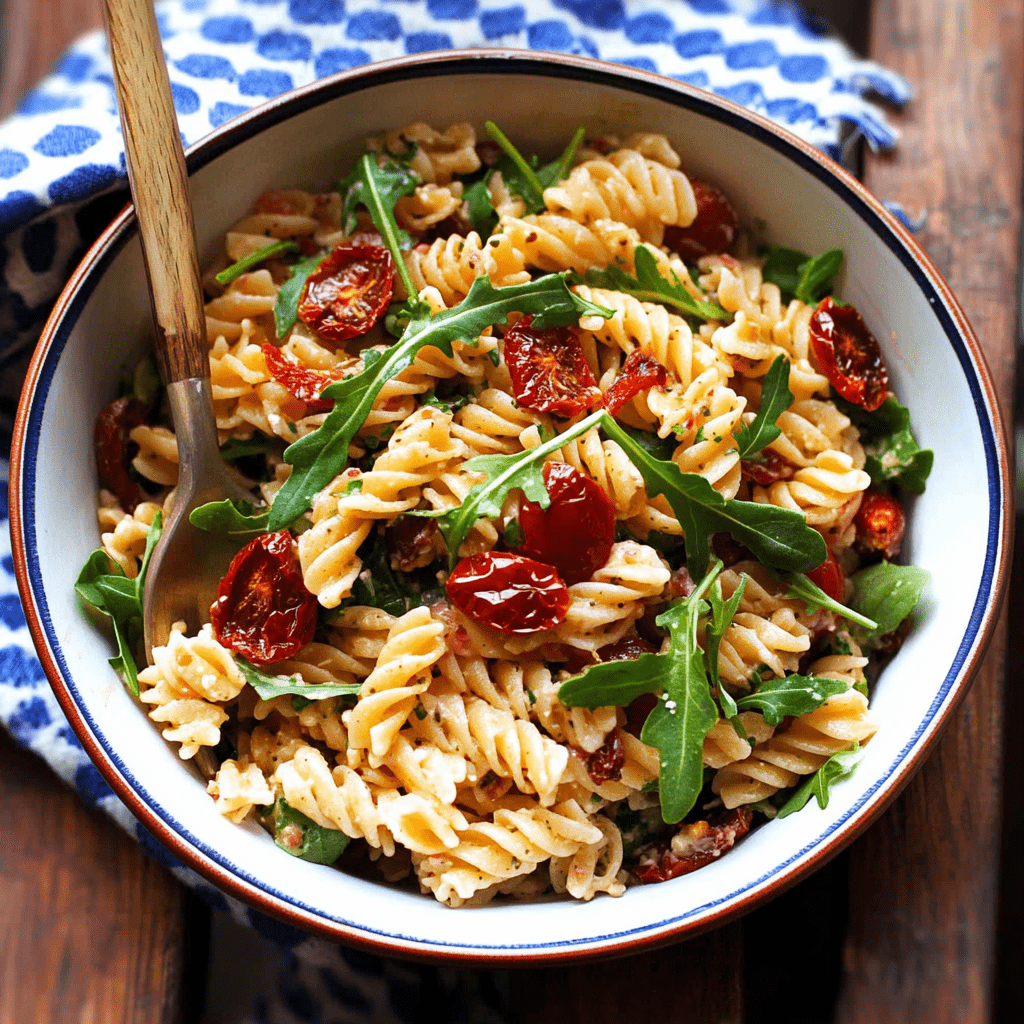Nudelsalat mit Rucola und getrocknete Tomaten in einer Schüssel von oben
