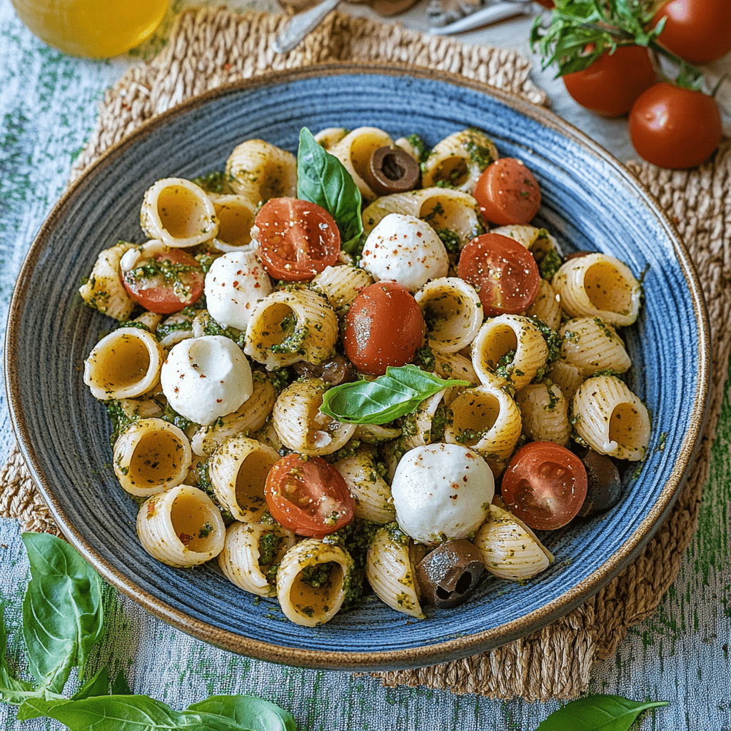 Pesto Salat mit getrockneten Tomaten und Parmesan in einer blauen Schale von oben