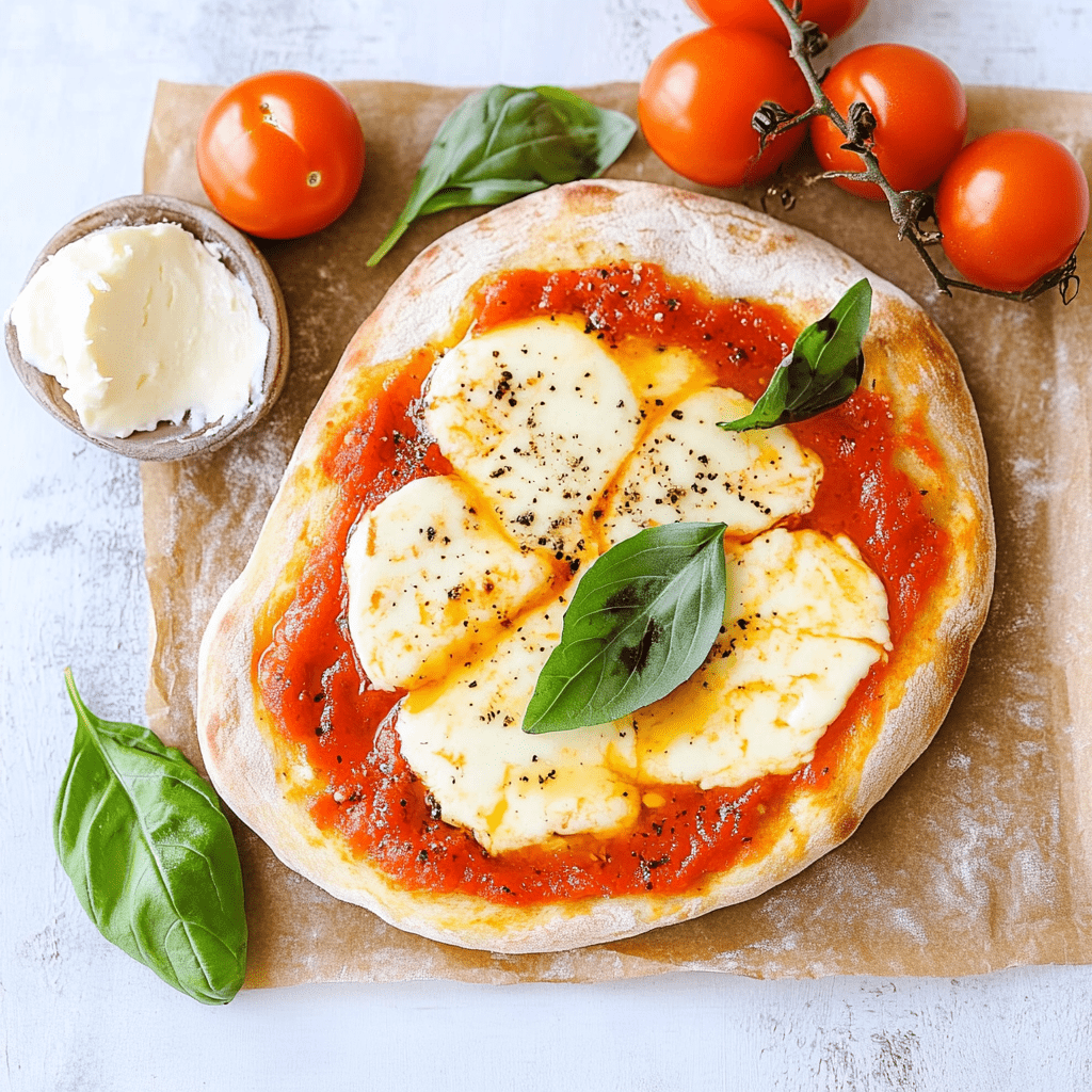 pinsa mit tomate mozzarella auf holzbrett mit frischem basilikum
