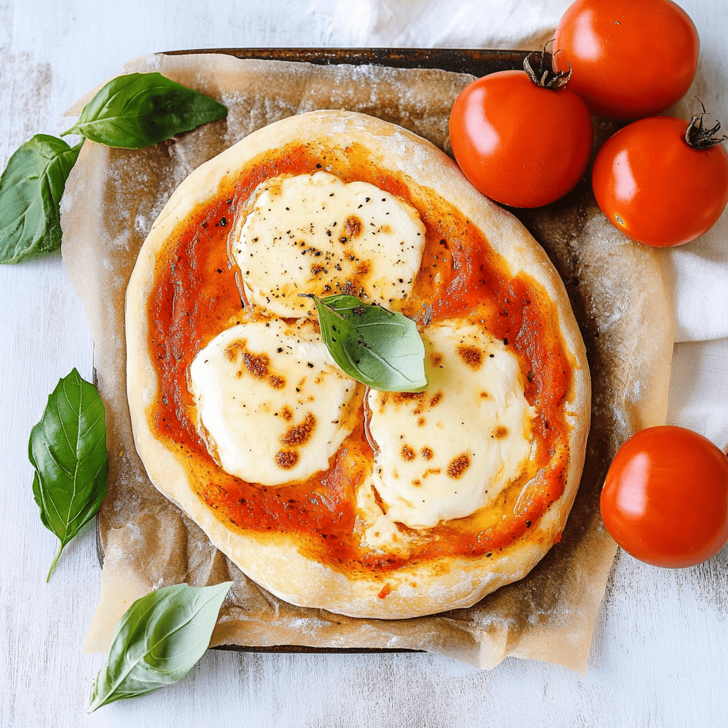 pinsa mit tomate mozzarella ofenfrisch auf backpapier mit tomatenzweig