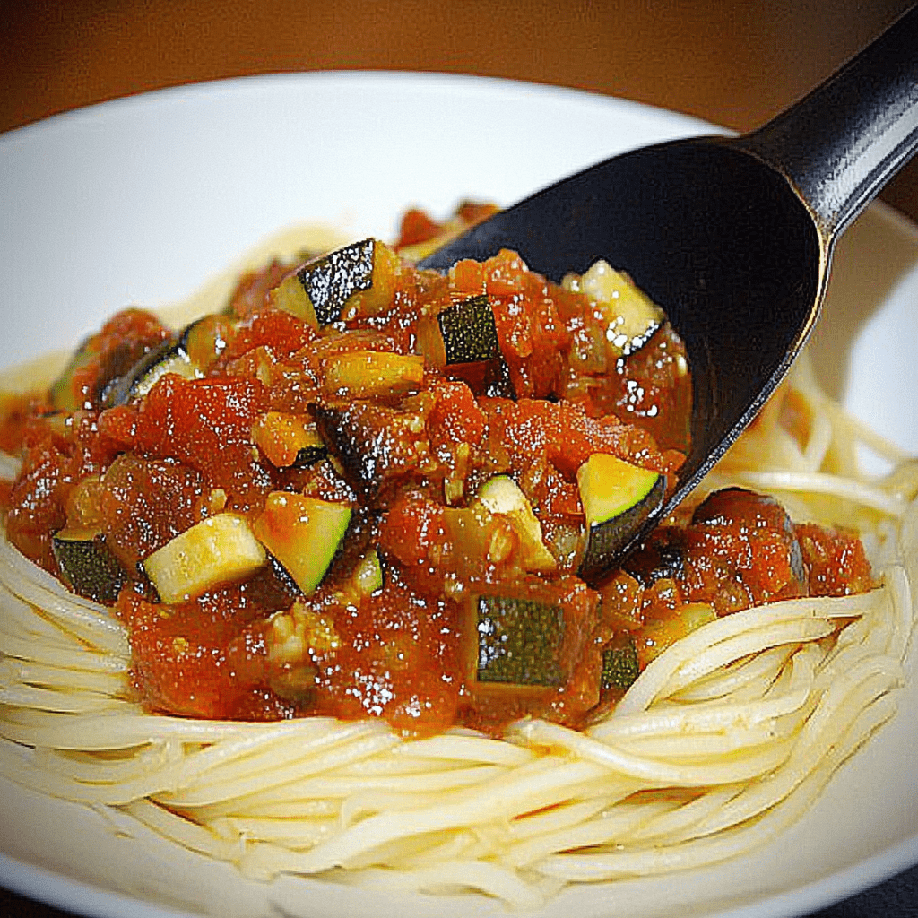 Tomatensauce mit Aubergine und Zucchini einkochen Nahaufnahme über Spaghetti mit Löffel