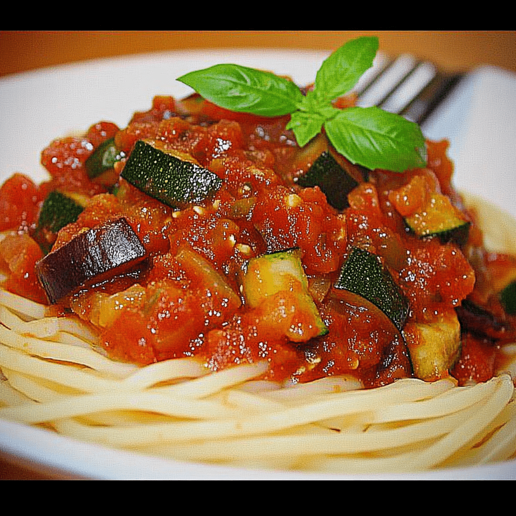 Tomatensauce mit Aubergine und Zucchini einkochen servierteller mit Basilikumblättern