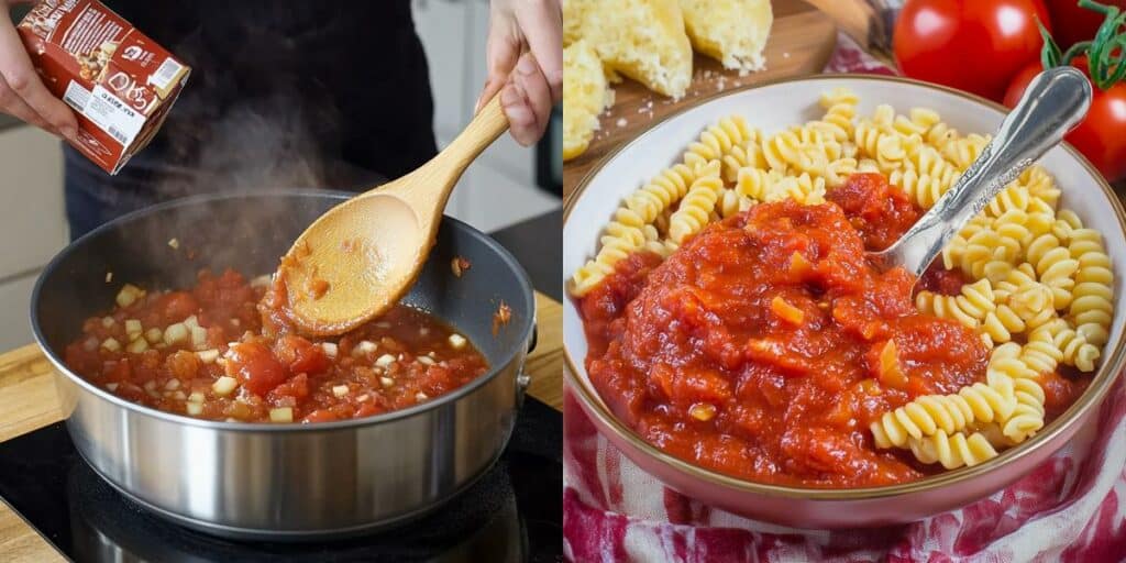 Nahaufnahme von Tomatensoße mit passierten Tomaten Rezept auf Pasta