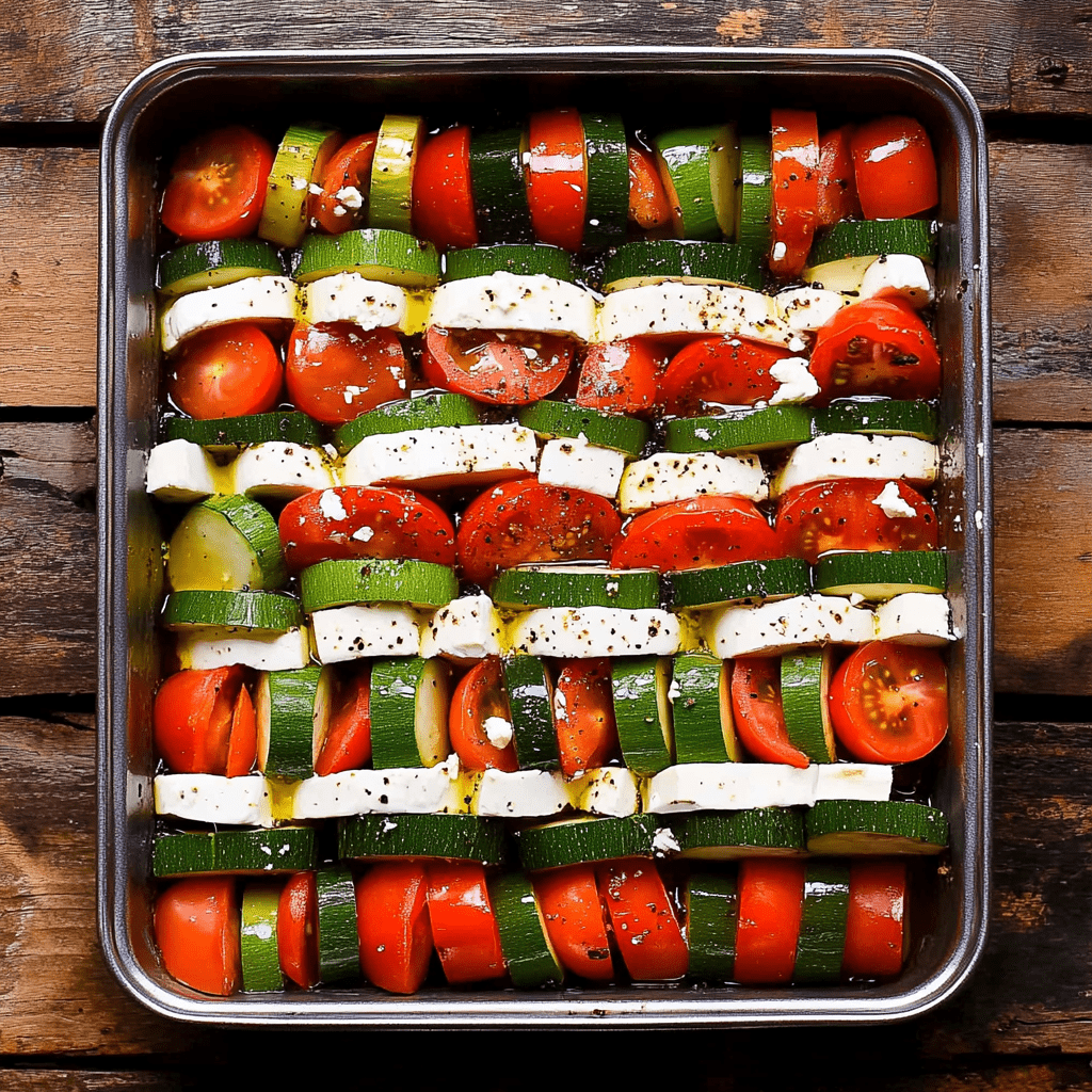 Zucchini Tomaten Feta Ofen roh vorbereitet in einer Backform