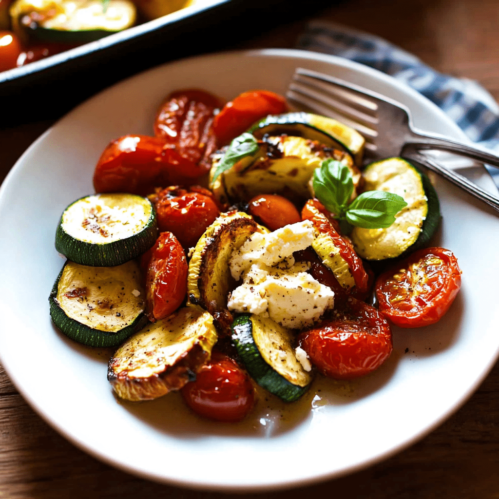 Zucchini Tomaten Feta Ofen auf einem Teller serviert