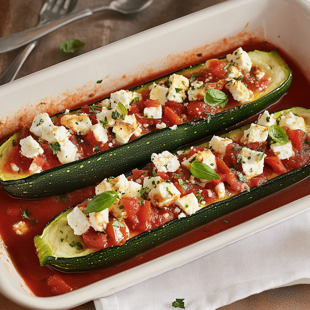 Gefüllte Zucchini mit Feta und Tomaten in Nahaufnahme mit zwei Hälften im Ofen