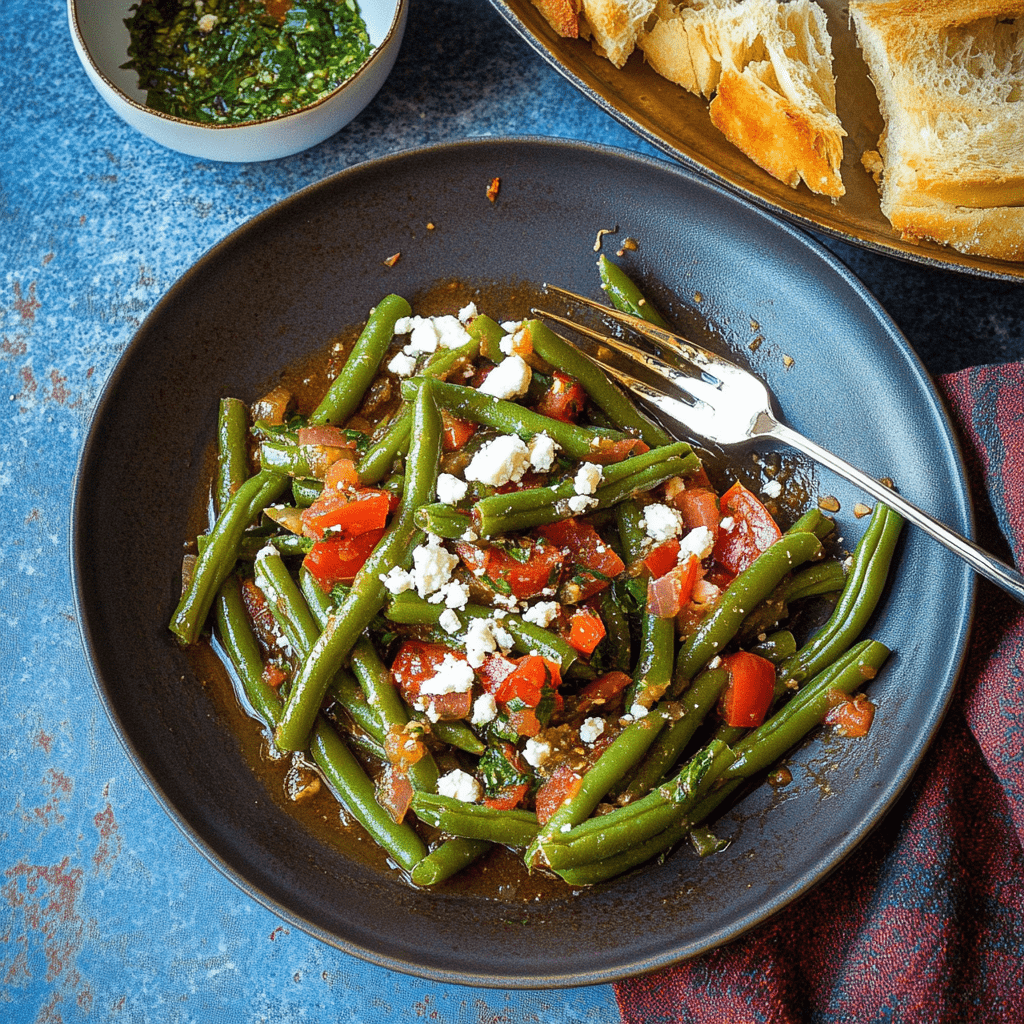 Griechische grüne Bohnen mit Tomaten: Gesund, bunt und unglaublich lecker 8 Griechische grüne Bohnen mit Tomaten auf dunklem Teller mit Feta