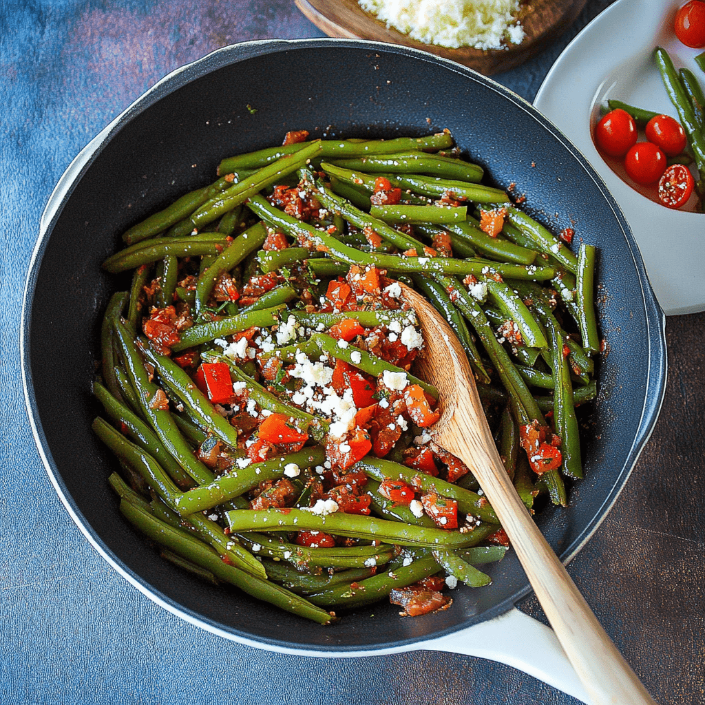 Griechische grüne Bohnen mit Tomaten: Gesund, bunt und unglaublich lecker 5 Griechische grüne Bohnen mit Tomaten in der Pfanne mit Holzlöffel