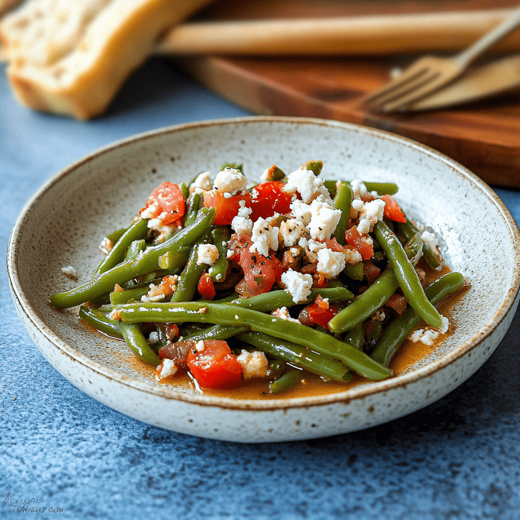 Griechische grüne Bohnen mit Tomaten auf einem Teller mit Feta serviert