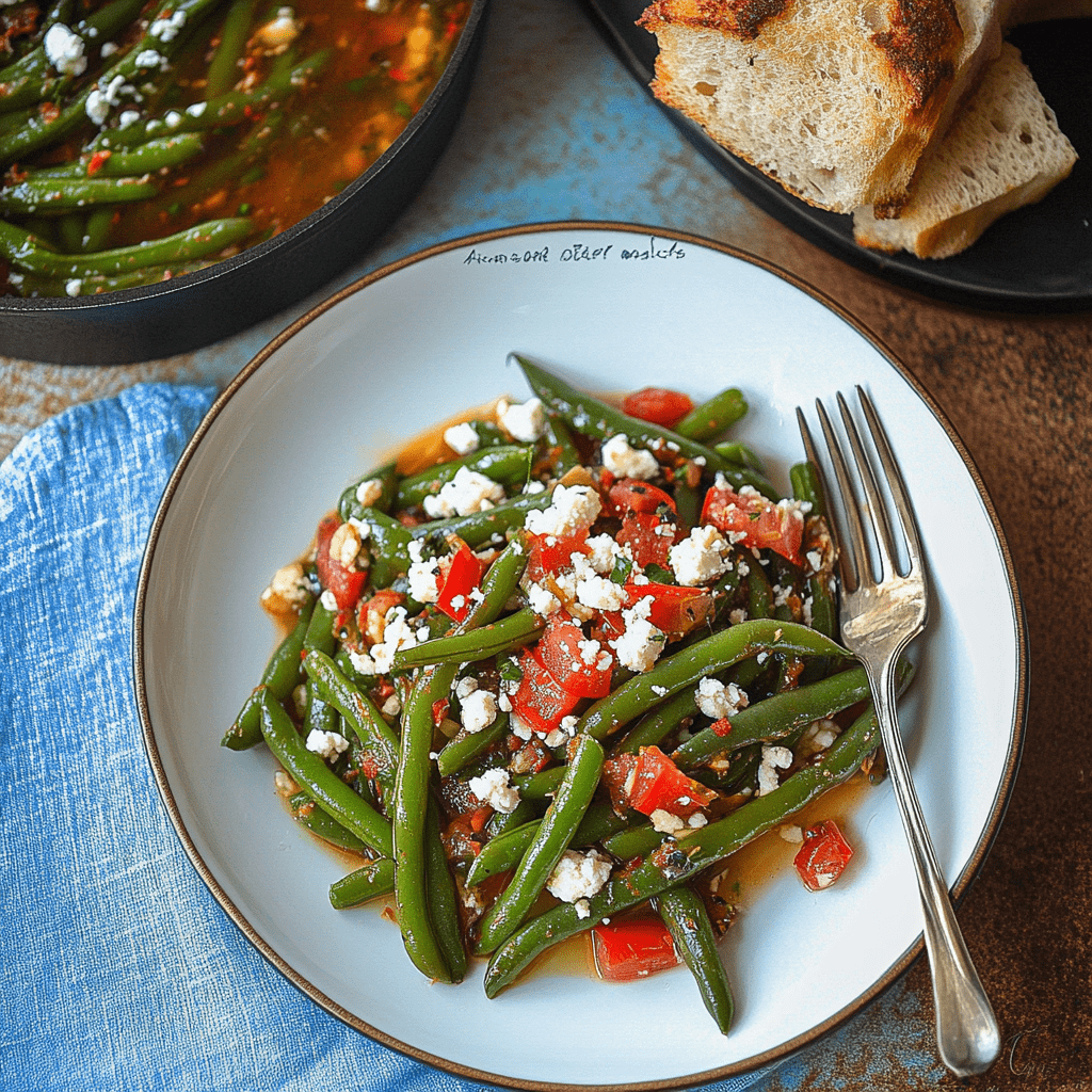 Griechische grüne Bohnen mit Tomaten: Gesund, bunt und unglaublich lecker 7 Griechische grüne Bohnen mit Tomaten und Feta mit Brot serviert
