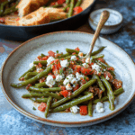 Griechische grüne Bohnen mit Tomaten: Gesund, bunt und unglaublich lecker 6 Griechische grüne Bohnen mit Tomaten und Feta auf rustikalem Teller