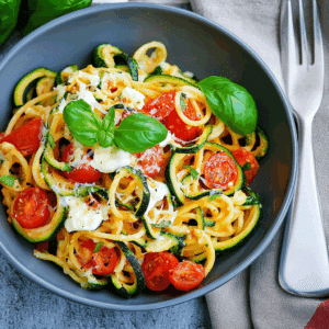 schnelle pasta mit zucchini und tomaten in einer nahaufnahme mit frischem basilikum