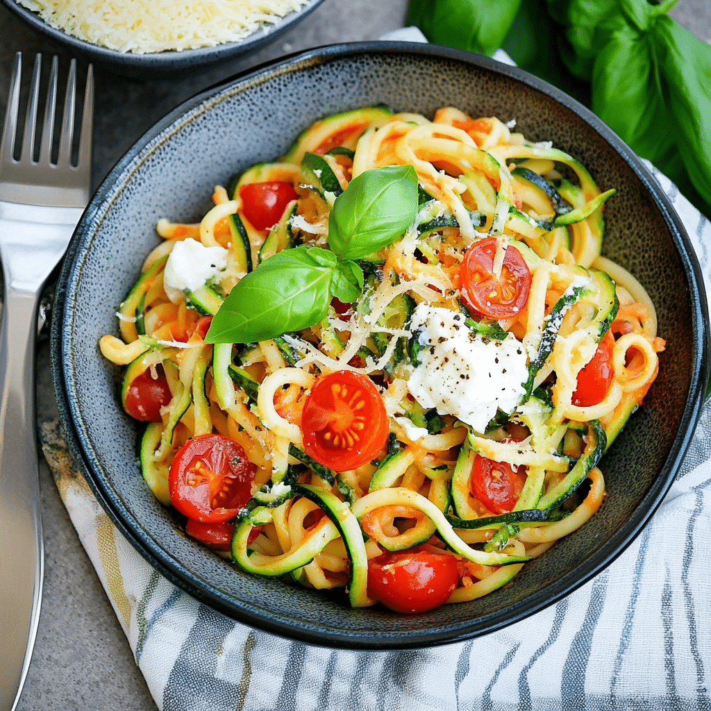 schnelle pasta mit zucchini und tomaten aus der obenansicht mit kräutern und parmesan