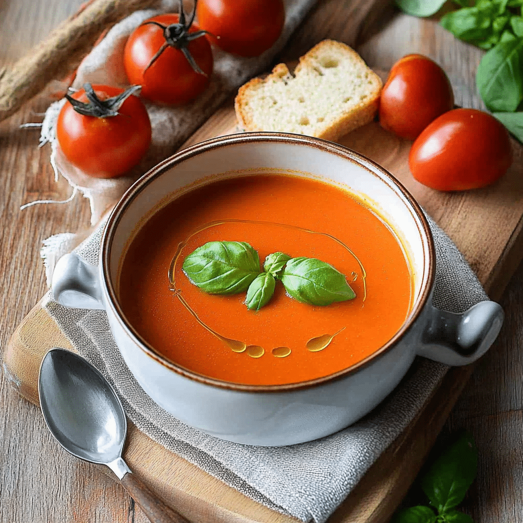 thermomix tomatensuppe mit frischen tomaten in einer schale mit basilikum-garnitur