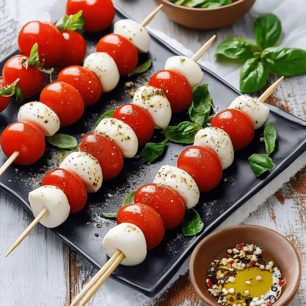 Tomate Mozzarella Spieße mit Balsamico: einfach, kreativ & unwiderstehlich 8 Tomate Mozzarella Spieße mit Balsamico Detailaufnahme mit Gewürzen und Dip