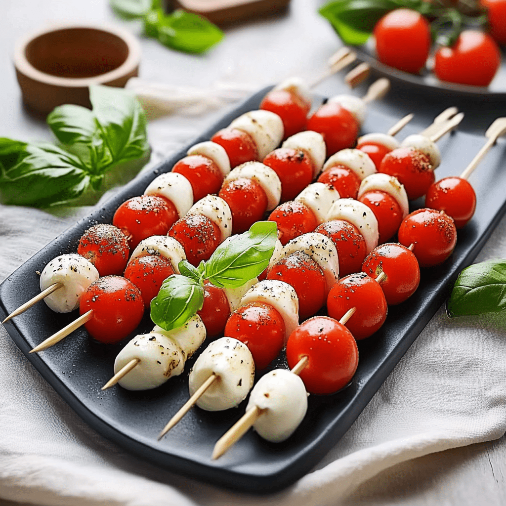 Tomate Mozzarella Spieße mit Balsamico: einfach, kreativ & unwiderstehlich 5 Tomate Mozzarella Spieße mit Balsamico in Nahaufnahme auf schwarzem Teller