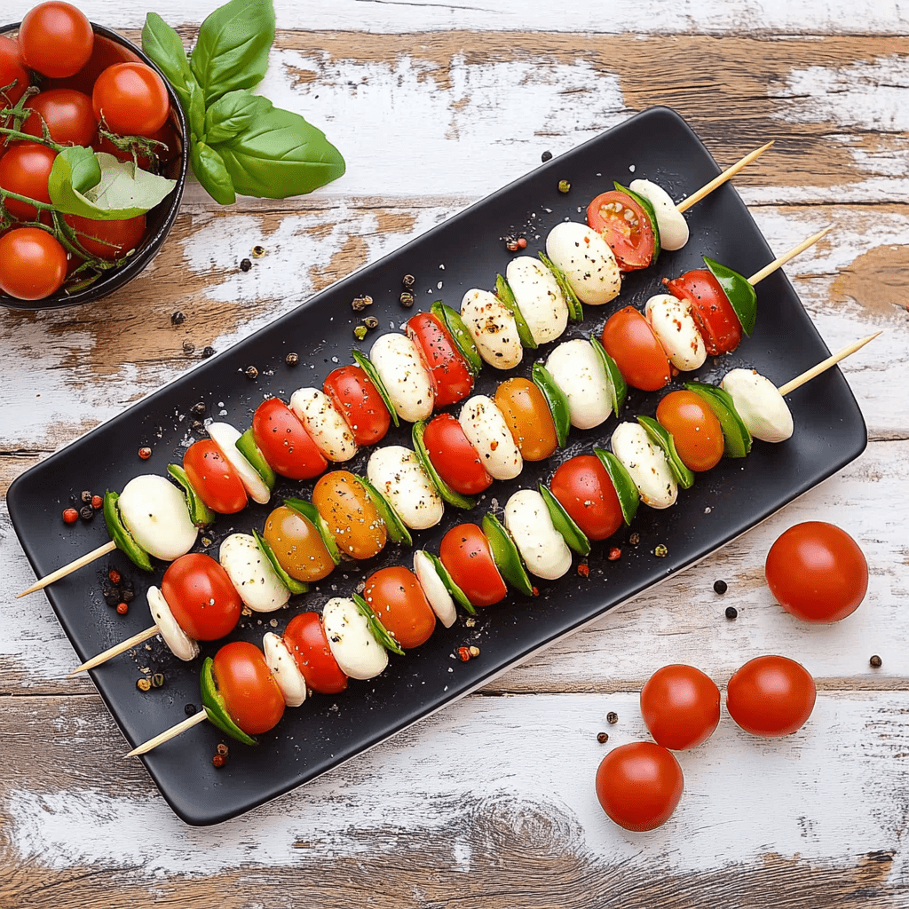 Tomate Mozzarella Spieße mit Balsamico auf schwarzer Platte von oben fotografiert