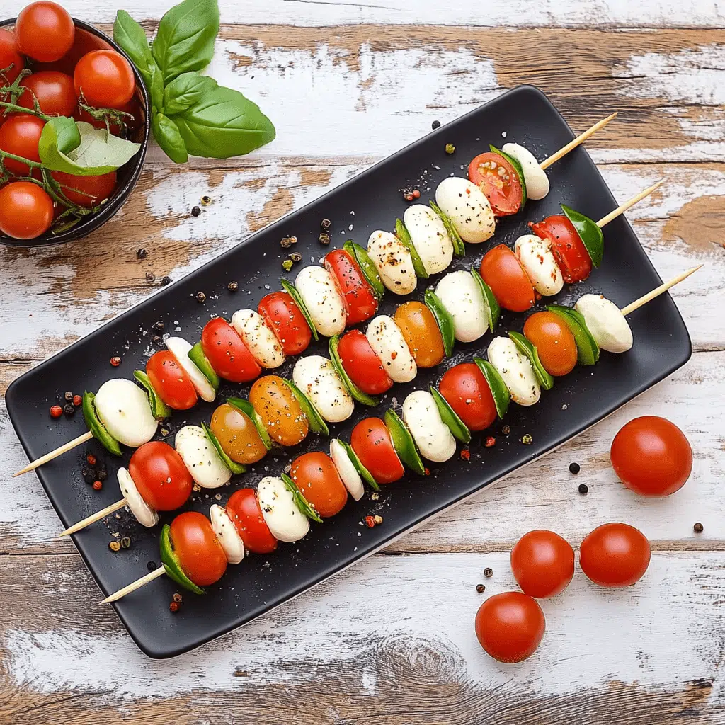 Tomate Mozzarella Spieße mit Balsamico auf schwarzer Platte von oben fotografiert