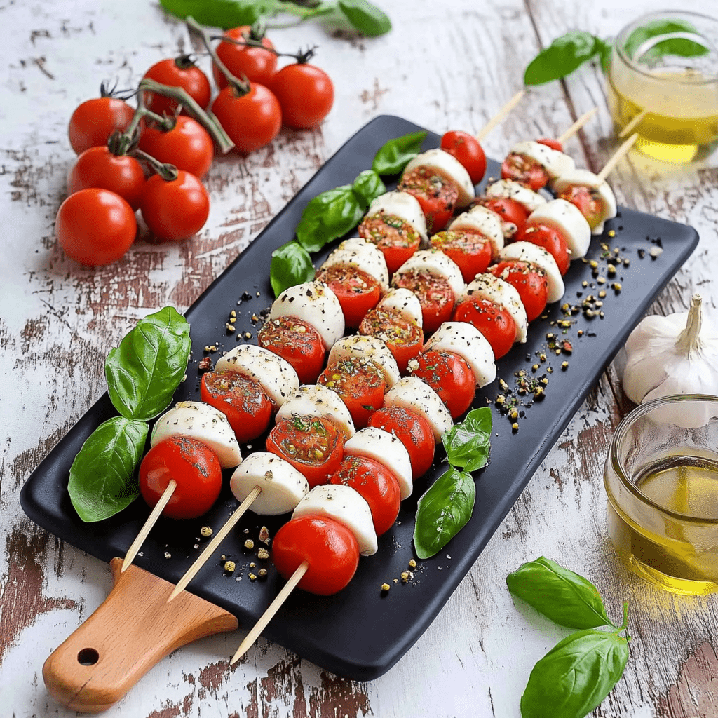 Tomate Mozzarella Spieße mit Balsamico: einfach, kreativ & unwiderstehlich 7 Tomate Mozzarella Spieße mit Balsamico Serviervorschlag mit Olivenöl und Knoblauch