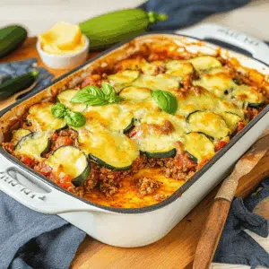 Zucchini Auflauf mit Hackfleisch Tomaten und Käse überbacken in einer weißen Auflaufform in Nahaufnahme