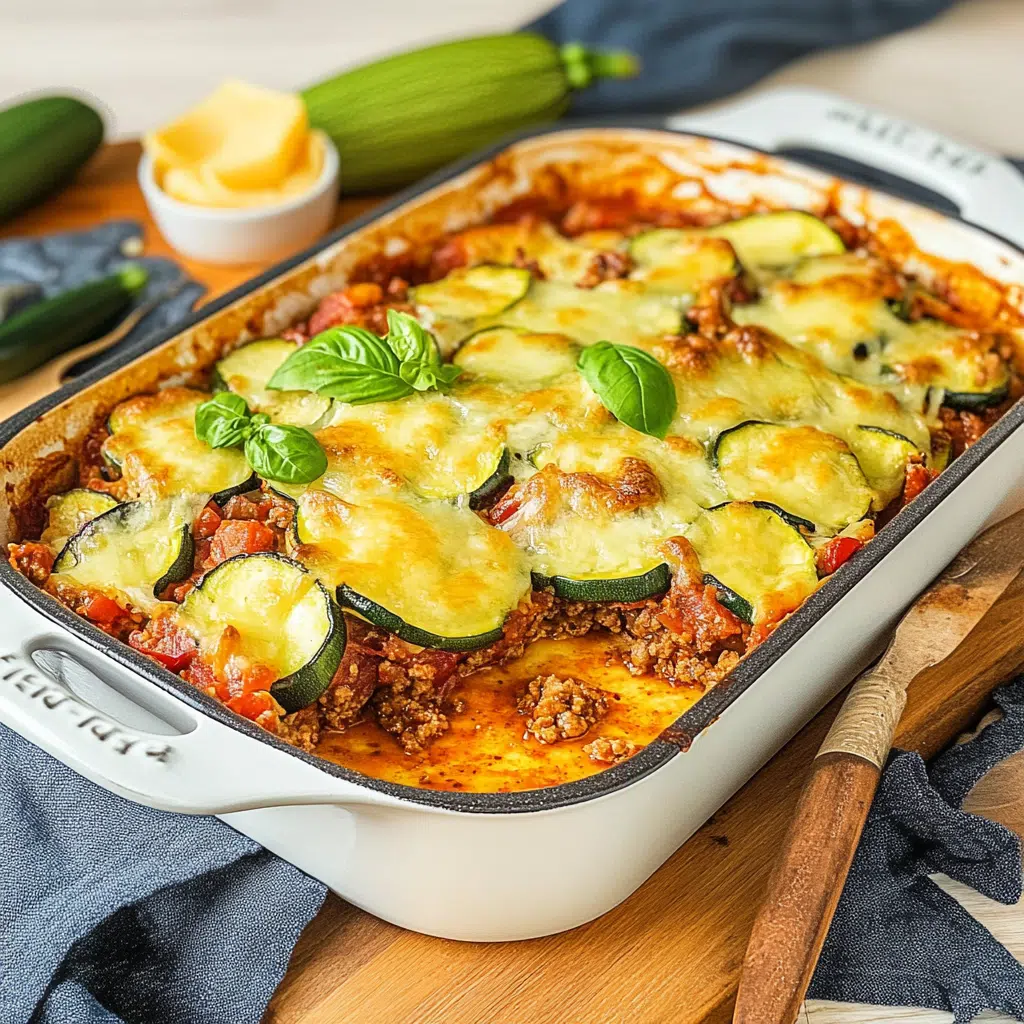 Zucchini Auflauf mit Hackfleisch Tomaten und Käse überbacken in einer weißen Auflaufform in Nahaufnahme